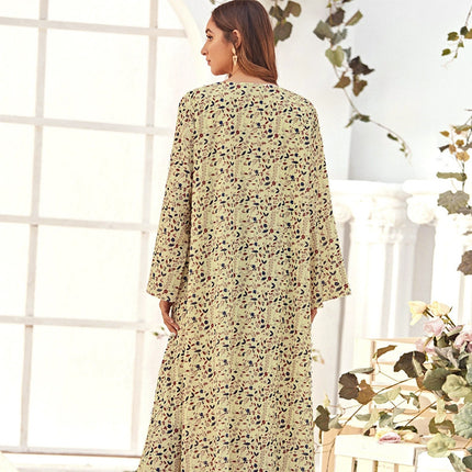 Wholesale Women's Floral V-neck Long Sleeve Loose Long Dress