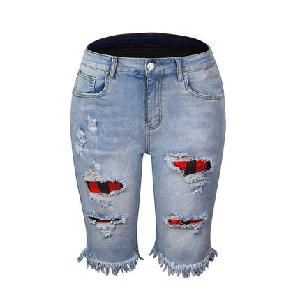 Wholesale Women's Tassel Stretch Mid Rise Cropped Ripped Jeans