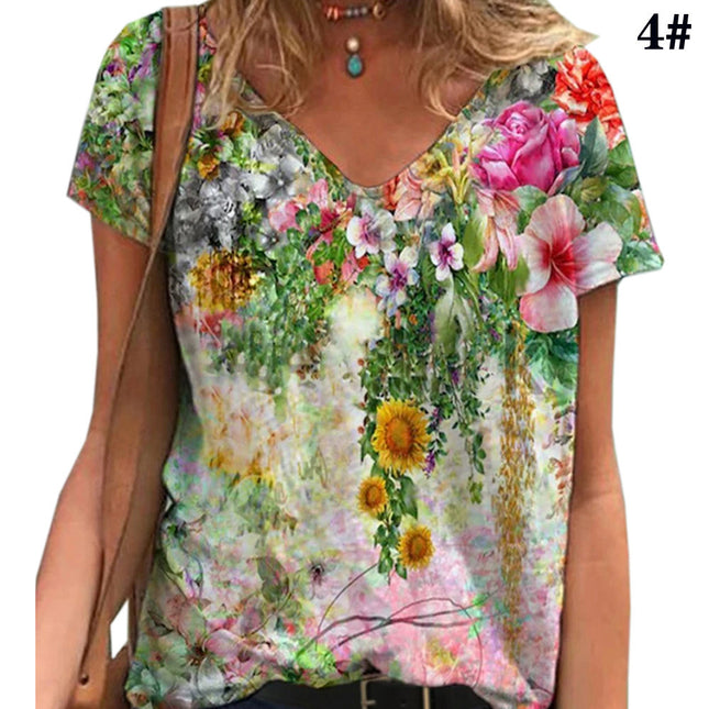 Camiseta de manga corta con estampado floral para mujer de talla grande