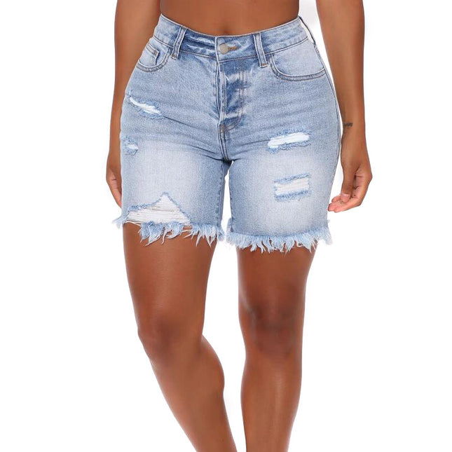 Wholesale Ladies Trendy Ripped Tassel High Stretch Denim Shorts