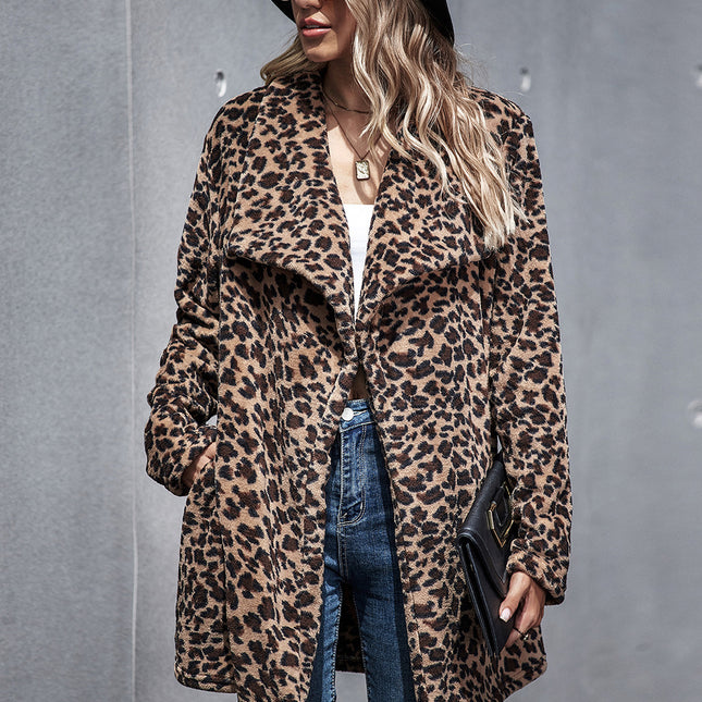 Wholesale Women's Faux Fur Leopard Print Plus Size Mid Length Coat