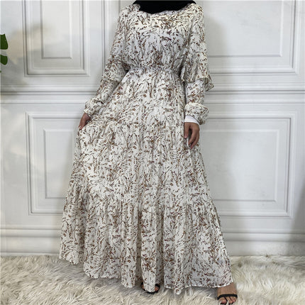 Wholesale Muslim Long Sleeve Lined Chiffon Print Tie Swing Dress