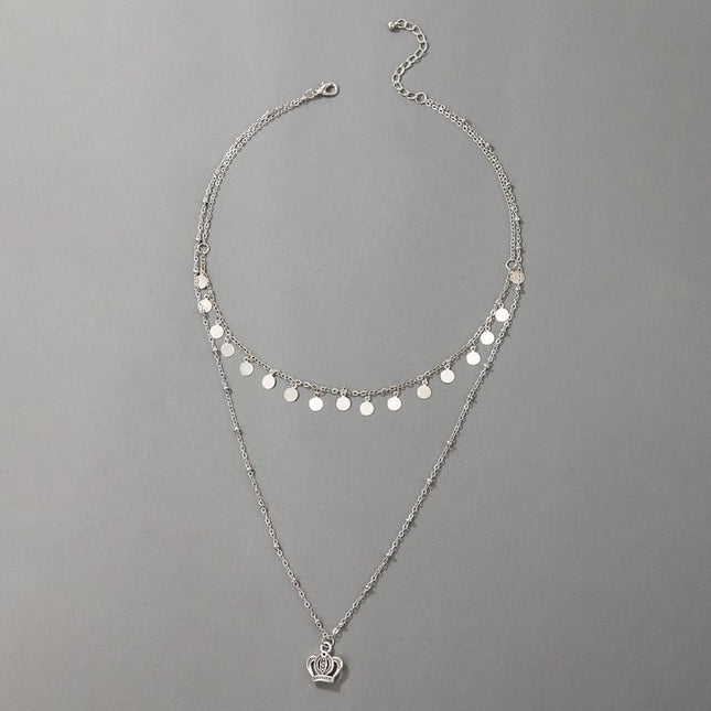 Vintage Crown Silver Alloy Disc Pendant Double Layer Necklace