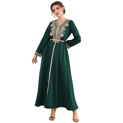 Wholesale Middle East Dubai Women's Long Sleeve Applique Dress Robe With Belt