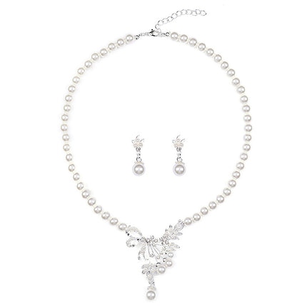 Pearl Necklace Earrings Set Fashion Alloy Drop Shape Flower Bridal Jewelry