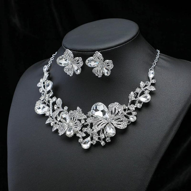 Halskette Ohrringe Set Mode Legierung Kristall Blumen Brautkleid Zubehör