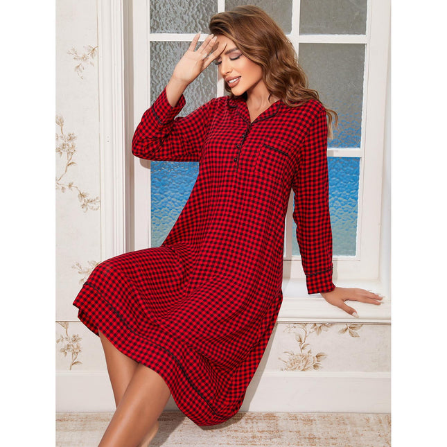 Großhandelsherbst- und Winter-Damen-Nachthemd-rotes Gitter-lose mittellange Pyjamas