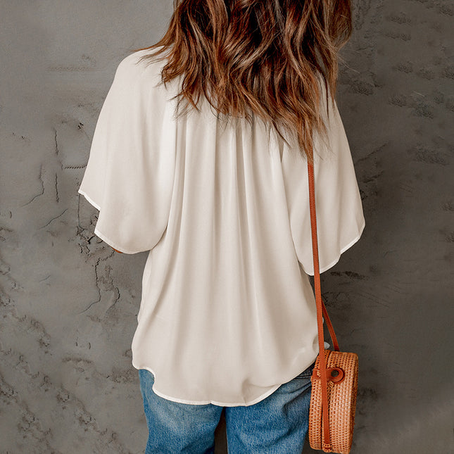 Women's V Neck Solid Color Pullover Loose Half Sleeve Chiffon Shirt