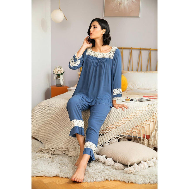 Pijama de mujer Color sólido Costura de encaje Homewear