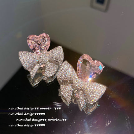 Pink Heart 18K Gold-plated Heart Bow Zircon Earrings