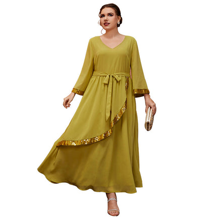 Vestido de talla grande para mujer con columpio grande retro verde amarillo suelto