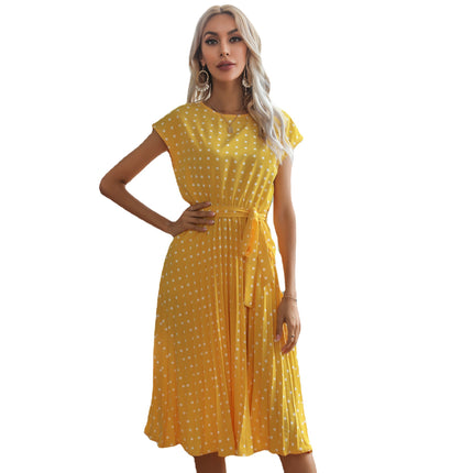 Wholesale Women's Summer Polka Dot Short Sleeve Tie Pleated Midi Dress