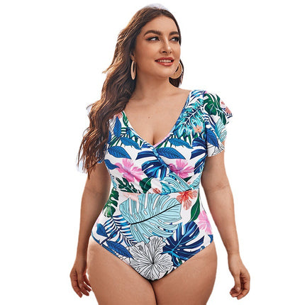 Ladies Plus Size Bikini Print Ruffle Sleeve Swimsuit