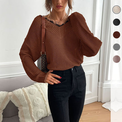 Wholesale Women's Autumn/Winter Stitching Lace Pullover V-Neck Sweater