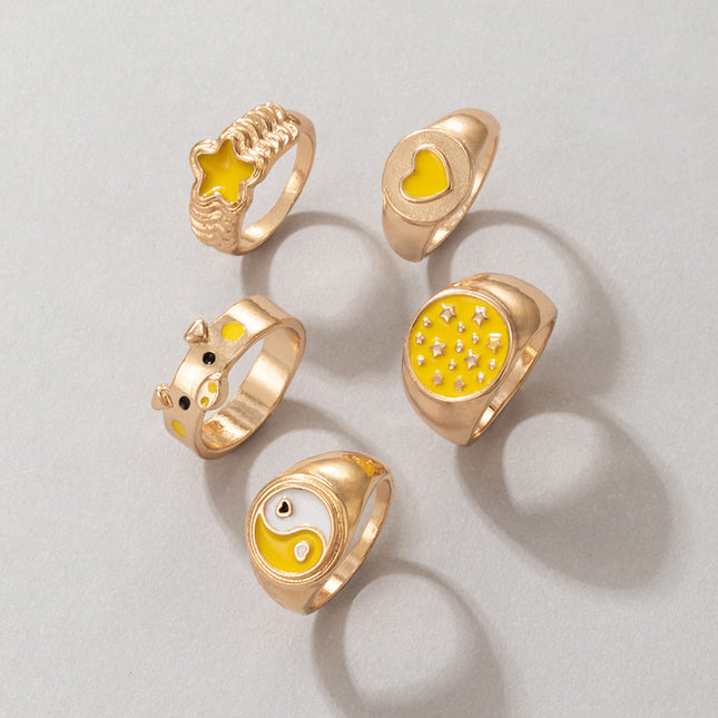 Love Tai Chi Piggy Luminous Five-pointed Star Drip Oil Ring Set of 5