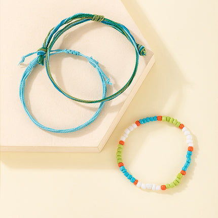 Handmade Cord Weaving Rice Beads Colorful Beaded Three-Piece Bracelet