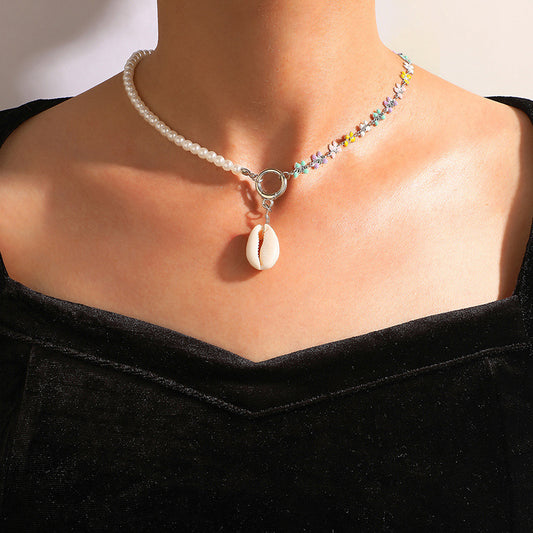 Simple Fashion Asymmetrical Pearl Colorful Flower Shell Pendant  Necklace