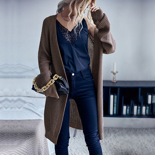 Suéter cárdigan de longitud media de color liso para mujer de otoño invierno