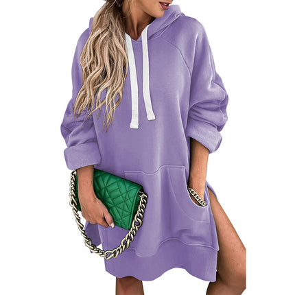 Drawstring Pocket Hooded Solid Color Mid Length Hoodie