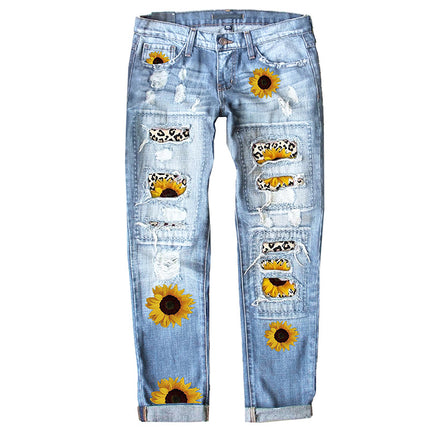 Wholesale Women's Sunflower Leopard Print Mid Waist Ripped Jeans