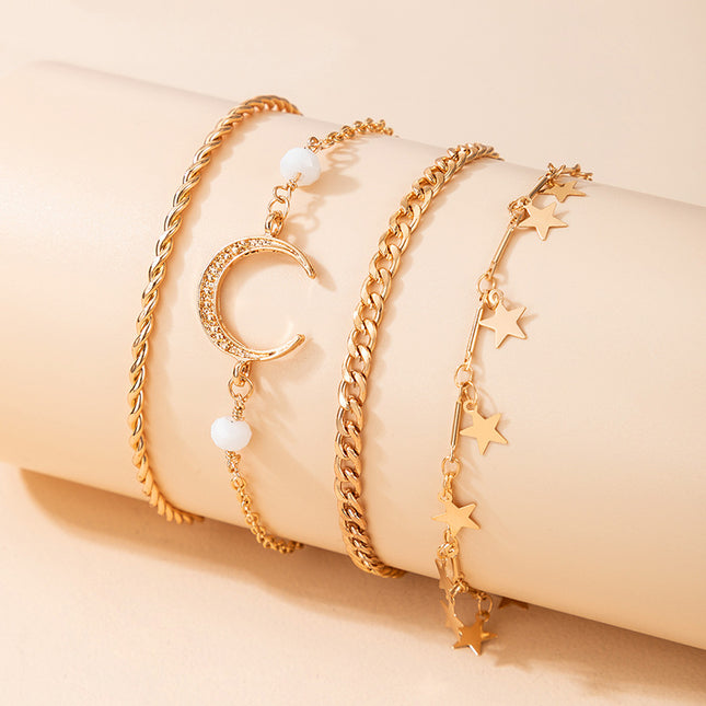 Mond-Stern-Goldketten-Perlen-Armband-Set