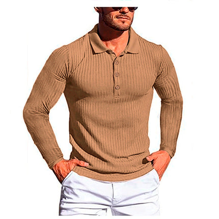 Wholesale Men's Summer Elastic Vertical Stripe Long Sleeve Polo Shirt
