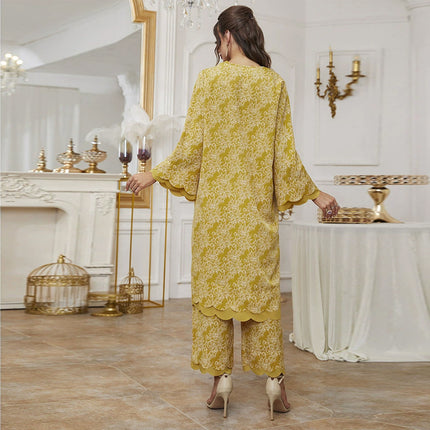 Wholesale Muslim Women's Autumn V-neck Printed Long Sleeve Dress Pants Two-Piece Set