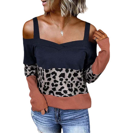 Women's Leopard Print Strap Neck Long Sleeve T-Shirt Top