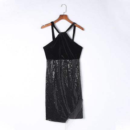 Wholesale Women's Solid Color Neck Sequined Tassel Sleeveless Dress