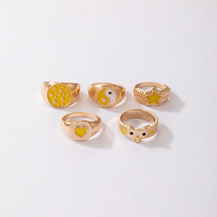 Love Tai Chi Piggy Luminous Five-pointed Star Drip Oil Ring Set of 5