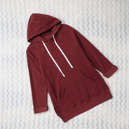 Drawstring Pocket Hooded Solid Color Mid Length Hoodie