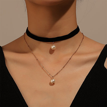 Wholesale Fashion Simple Double Layer Choker Velvet Pearl Necklace