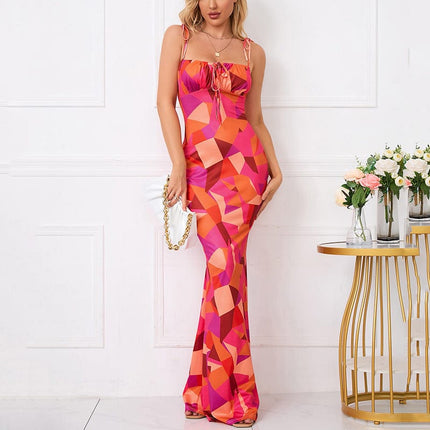 Summer Sexy Floral Pleated Backless Strappy Sling Long Dress