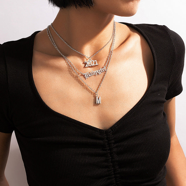 Wholesale Fashion Silver 2021 Number Alloy Triple Layer Necklace