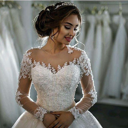 Wholesale High Neck Long Sleeve Trailing Lace Bridal Wedding Dress