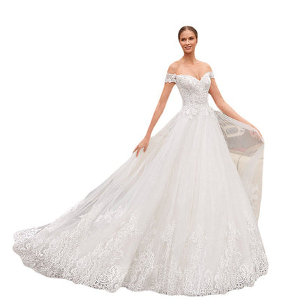 Wholesale Bridal Crystal Yarn Princess Off Shoulder Lace Wedding Dress