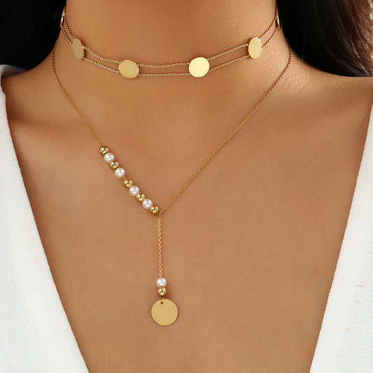 Wholesale Simple Metal Sequin Thin Chain Necklace Pearl Necklace