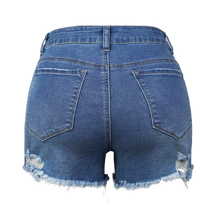 Damen-Denim-Shorts mit dehnbaren, zerrissenen Fransen