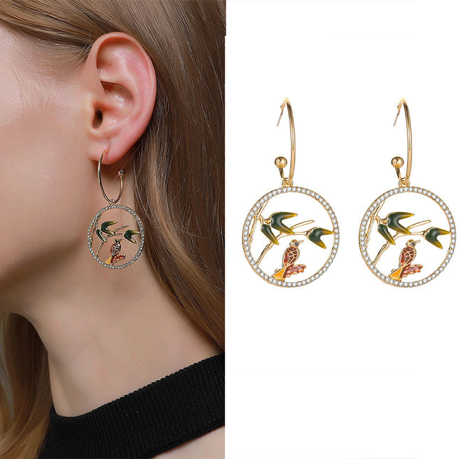 Rhinestone Branch Bird Natural Simple Hollow Round Earrings