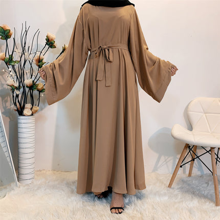 Wholesale Middle East Dubai Solid Color Plus Size Tie Muslim Dress