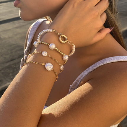 Wholesale Fashion Metal Buckle Round Bead Pearl Bracelet Set