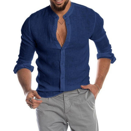 Wholesale Men's Solid Color Linen Stand Collar Cardigan Long Sleeve Shirt