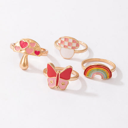 Mushroom Rainbow Love Pink Butterfly Drip Oil Four-piece Ring
