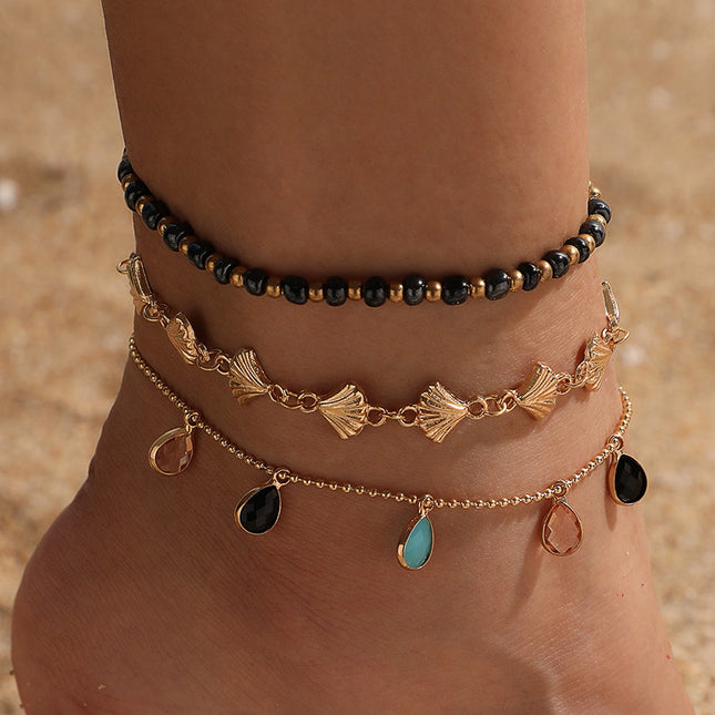 Shell Beaded Trio Anklet with Colorful Rhinestones