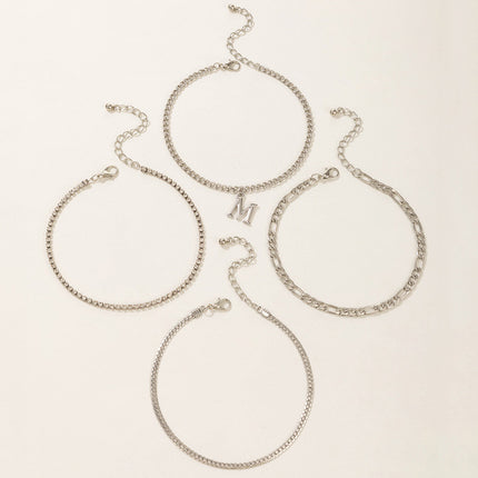 Conjunto de 4 piezas de tobilleras de aleación de plata con letra M de moda al por mayor
