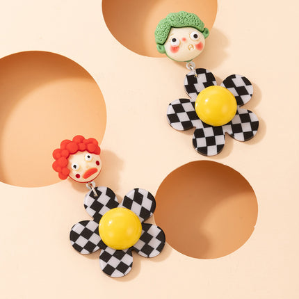 Clown Checkerboard Flower Stud Earrings Resin Human Avatar Cartoon Earrings