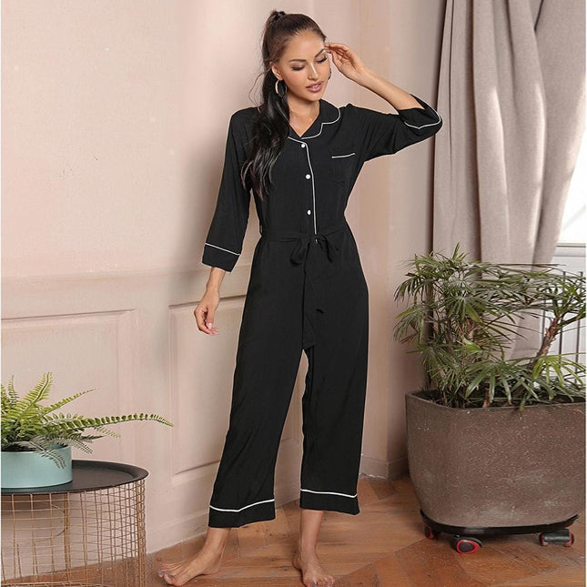 Damen Pyjama V-Ausschnitt Langarm Einteiler Homewear