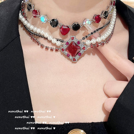 Collar de Perlas Rombo Rojo 18K Chapado en Oro Circón Antiguo