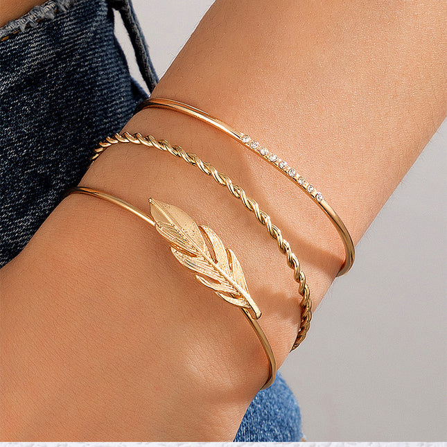 Set of Three Feather-embellished Rhinestone Cuff Bracelets