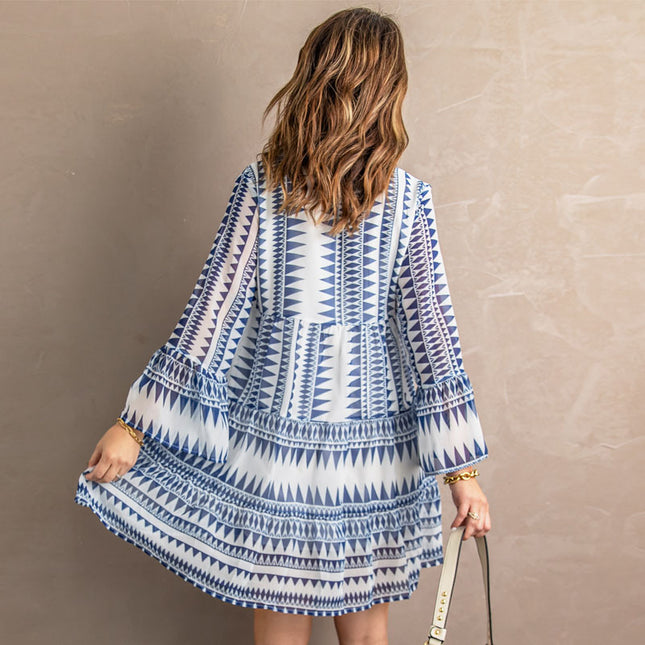 Wholesale Women's Printed Skirt Deep V Neck Long Sleeve Chiffon Dress